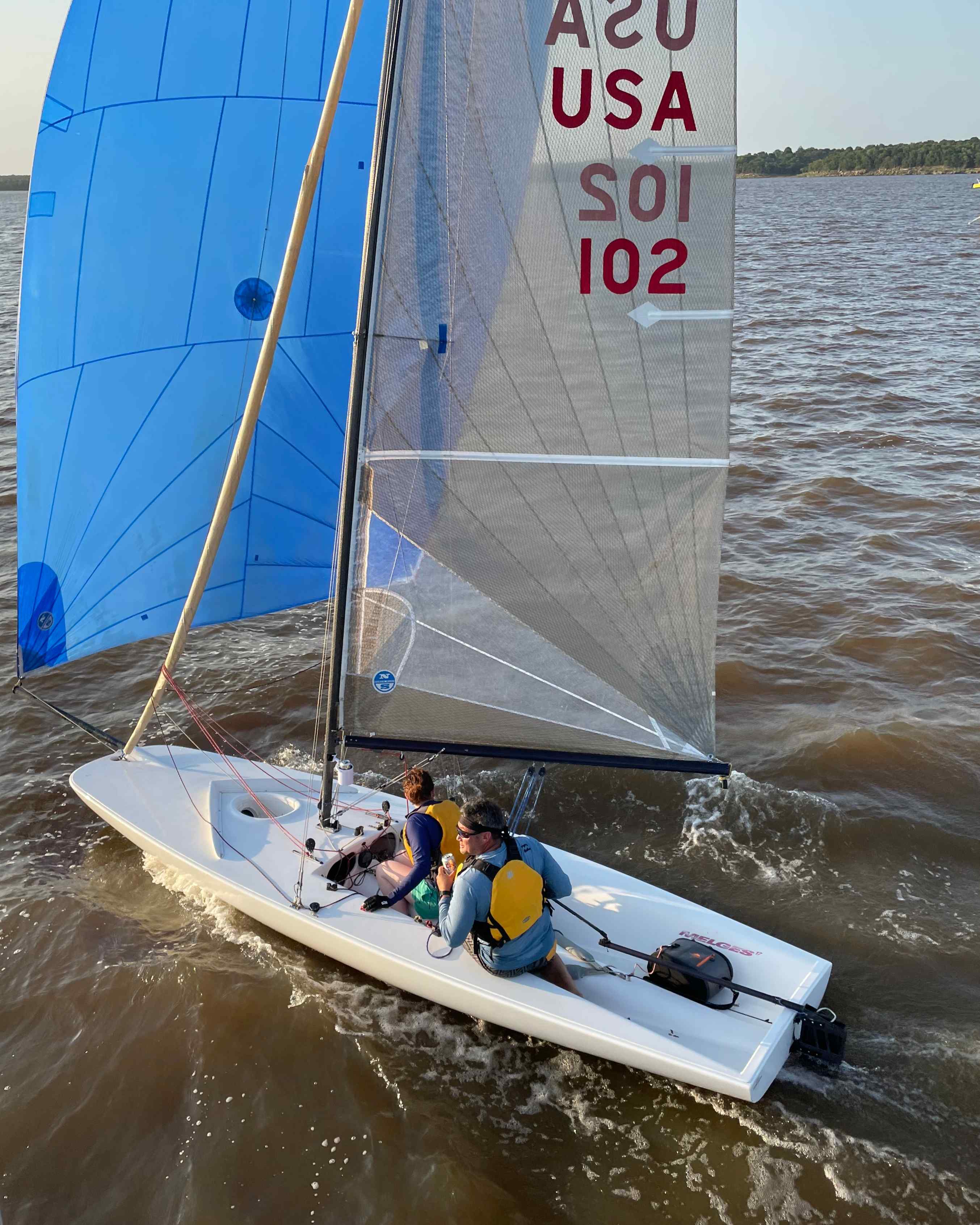 sailing up close, drone shot MC Scow